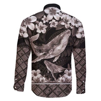 Hawaiian Plumeria and Humpback Whales Family Matching Off Shoulder Short Dress and Hawaiian Shirt Polynerian Art Tattoo-Grayscale Mode LT03 - Polynesian Pride