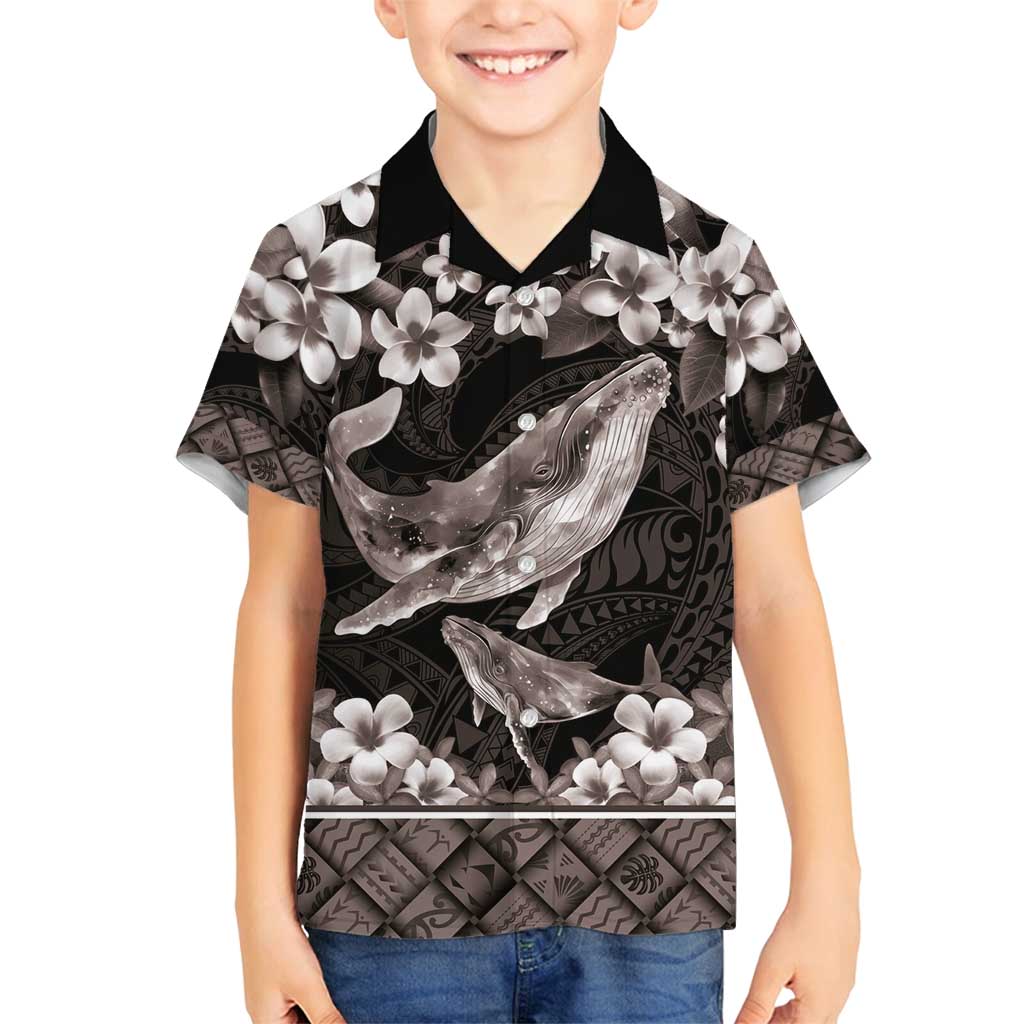 Hawaiian Plumeria and Humpback Whales Family Matching Off Shoulder Short Dress and Hawaiian Shirt Polynerian Art Tattoo-Grayscale Mode LT03 Son's Shirt Black - Polynesian Pride