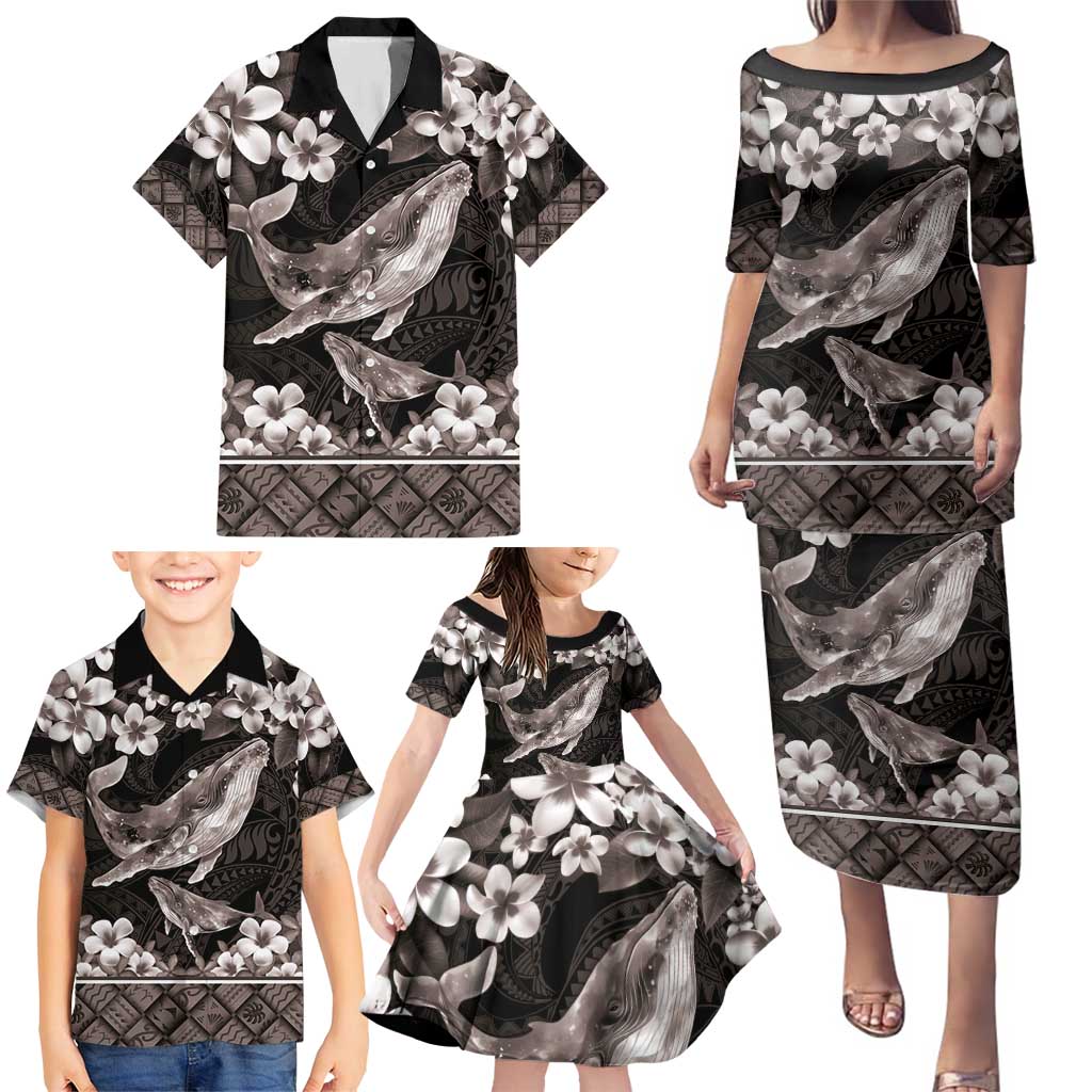 Hawaiian Plumeria and Humpback Whales Family Matching Puletasi and Hawaiian Shirt Polynerian Art Tattoo-Grayscale Mode LT03 - Polynesian Pride