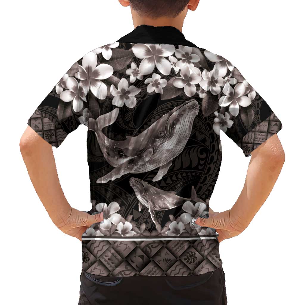 Hawaiian Plumeria and Humpback Whales Family Matching Short Sleeve Bodycon Dress and Hawaiian Shirt Polynerian Art Tattoo-Grayscale Mode LT03 - Polynesian Pride