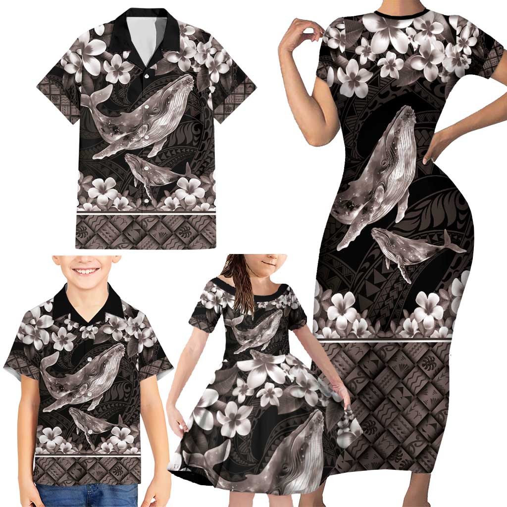 Hawaiian Plumeria and Humpback Whales Family Matching Short Sleeve Bodycon Dress and Hawaiian Shirt Polynerian Art Tattoo-Grayscale Mode LT03 - Polynesian Pride