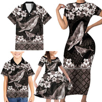 Hawaiian Plumeria and Humpback Whales Family Matching Short Sleeve Bodycon Dress and Hawaiian Shirt Polynerian Art Tattoo-Grayscale Mode LT03 - Polynesian Pride