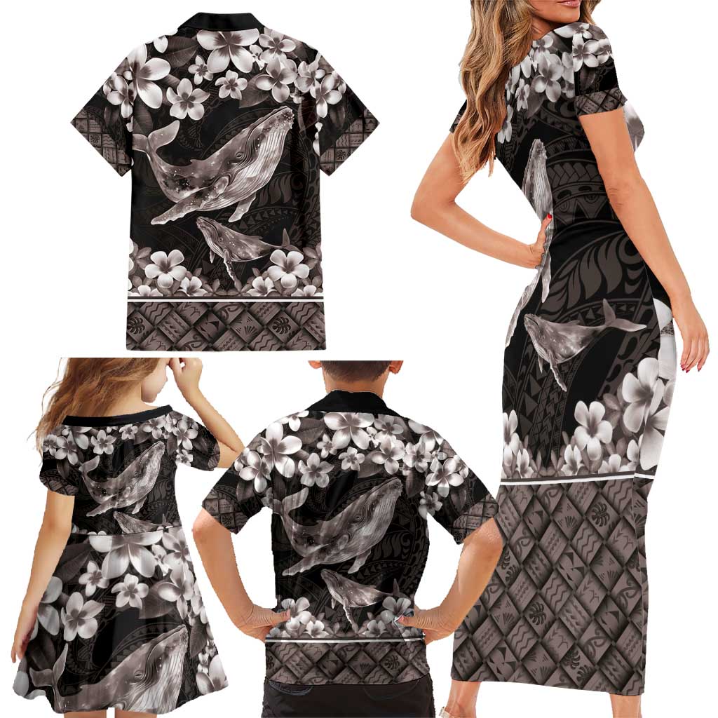 Hawaiian Plumeria and Humpback Whales Family Matching Short Sleeve Bodycon Dress and Hawaiian Shirt Polynerian Art Tattoo-Grayscale Mode LT03 - Polynesian Pride