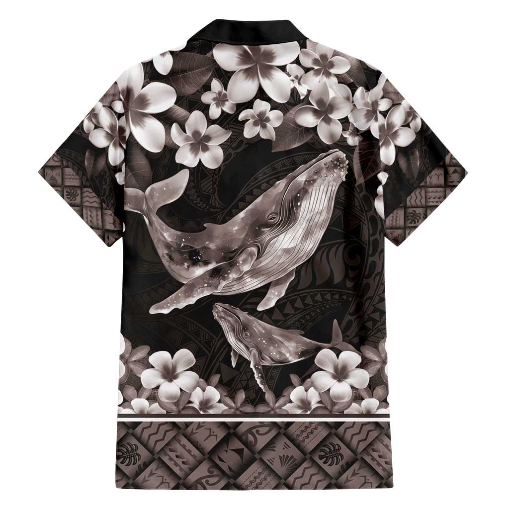 Hawaiian Plumeria and Humpback Whales Family Matching Short Sleeve Bodycon Dress and Hawaiian Shirt Polynerian Art Tattoo-Grayscale Mode LT03 - Polynesian Pride