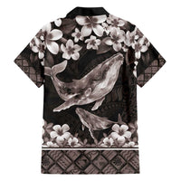 Hawaiian Plumeria and Humpback Whales Family Matching Short Sleeve Bodycon Dress and Hawaiian Shirt Polynerian Art Tattoo-Grayscale Mode LT03 - Polynesian Pride