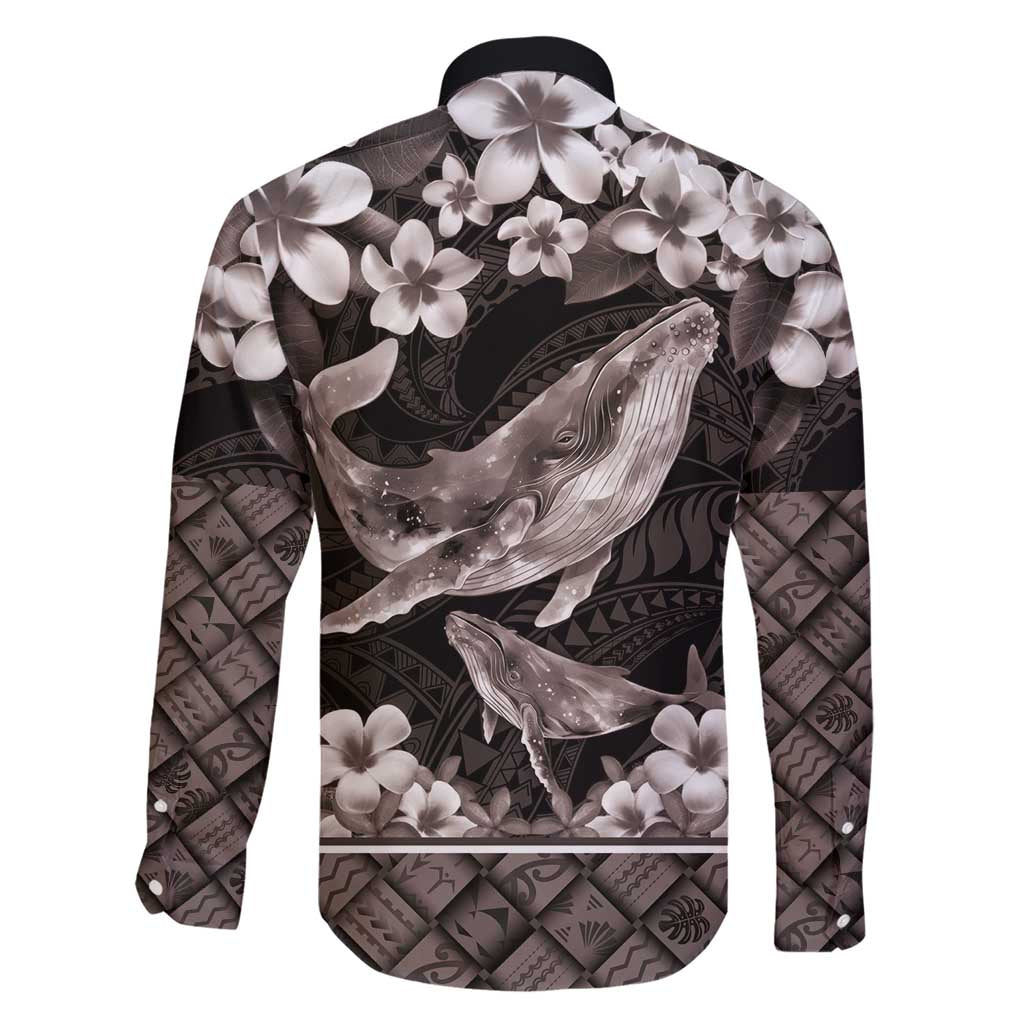 Hawaiian Plumeria and Humpback Whales Family Matching Short Sleeve Bodycon Dress and Hawaiian Shirt Polynerian Art Tattoo-Grayscale Mode LT03 - Polynesian Pride