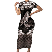Hawaiian Plumeria and Humpback Whales Family Matching Short Sleeve Bodycon Dress and Hawaiian Shirt Polynerian Art Tattoo-Grayscale Mode LT03 Mom's Dress Black - Polynesian Pride