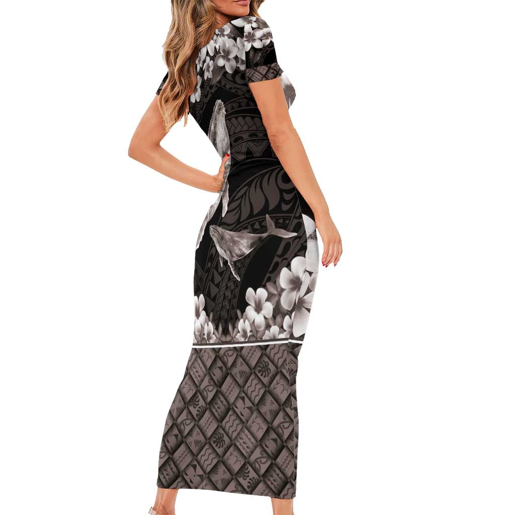 Hawaiian Plumeria and Humpback Whales Family Matching Short Sleeve Bodycon Dress and Hawaiian Shirt Polynerian Art Tattoo-Grayscale Mode LT03 - Polynesian Pride