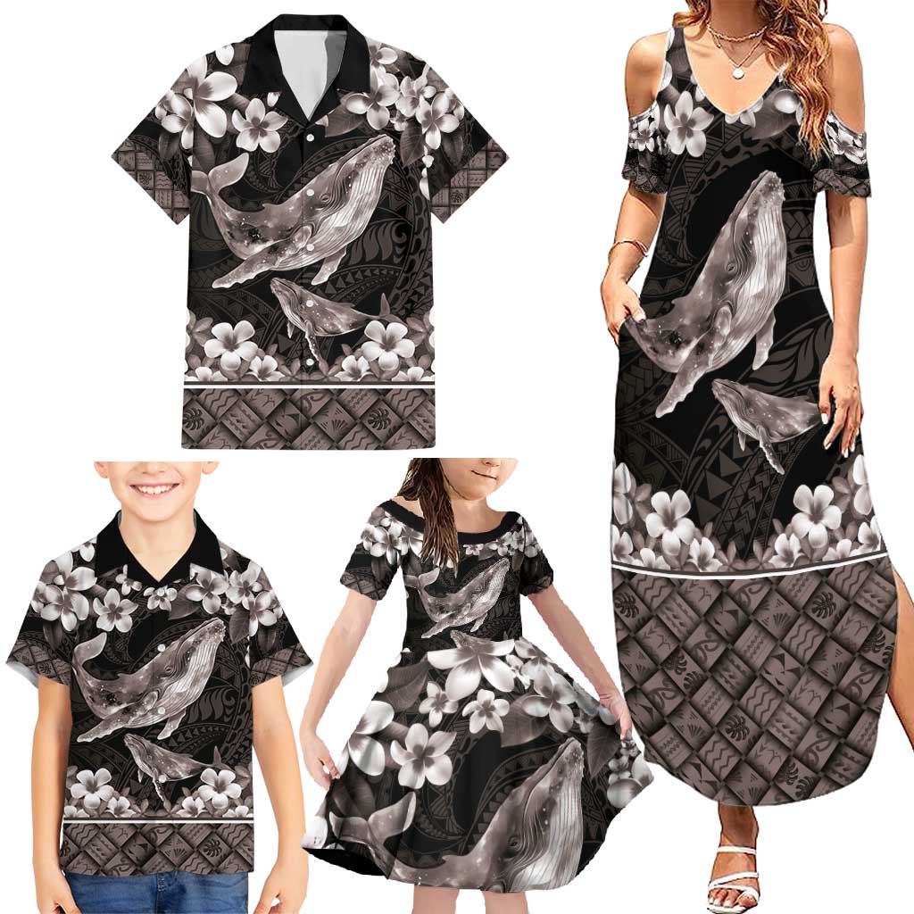 Hawaiian Plumeria and Humpback Whales Family Matching Summer Maxi Dress and Hawaiian Shirt Polynerian Art Tattoo-Grayscale Mode LT03 - Polynesian Pride
