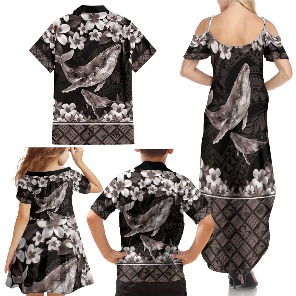 Hawaiian Plumeria and Humpback Whales Family Matching Summer Maxi Dress and Hawaiian Shirt Polynerian Art Tattoo-Grayscale Mode LT03 - Polynesian Pride