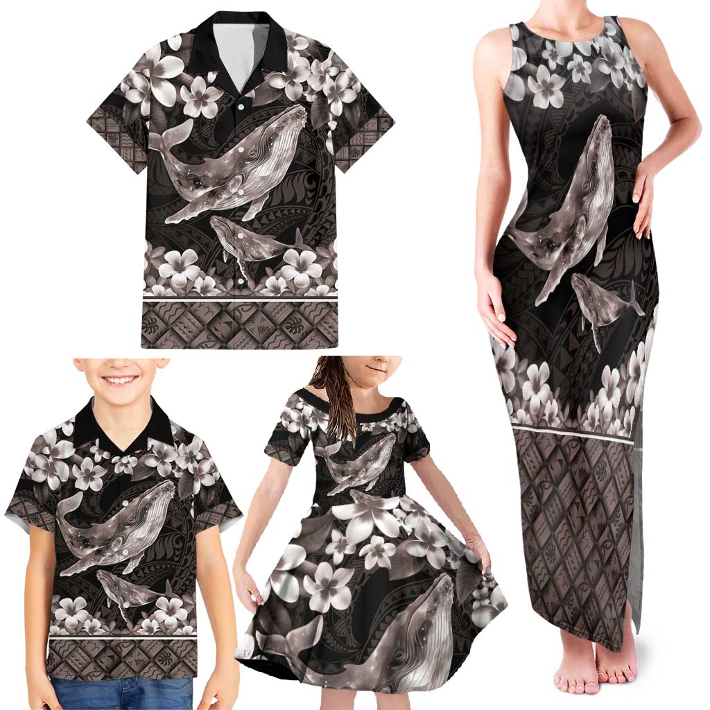 Hawaiian Plumeria and Humpback Whales Family Matching Tank Maxi Dress and Hawaiian Shirt Polynerian Art Tattoo-Grayscale Mode LT03 - Polynesian Pride