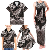 Hawaiian Plumeria and Humpback Whales Family Matching Tank Maxi Dress and Hawaiian Shirt Polynerian Art Tattoo-Grayscale Mode LT03 - Polynesian Pride