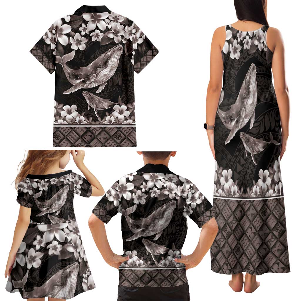 Hawaiian Plumeria and Humpback Whales Family Matching Tank Maxi Dress and Hawaiian Shirt Polynerian Art Tattoo-Grayscale Mode LT03 - Polynesian Pride