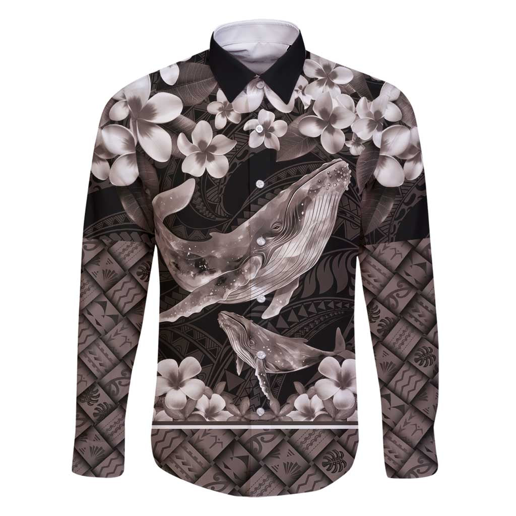 Hawaiian Plumeria and Humpback Whales Family Matching Tank Maxi Dress and Hawaiian Shirt Polynerian Art Tattoo-Grayscale Mode LT03 Dad's Shirt - Long Sleeve Black - Polynesian Pride