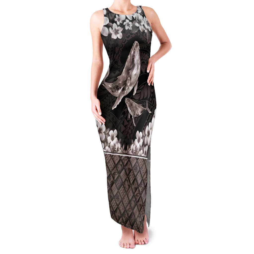 Hawaiian Plumeria and Humpback Whales Family Matching Tank Maxi Dress and Hawaiian Shirt Polynerian Art Tattoo-Grayscale Mode LT03 Mom's Dress Black - Polynesian Pride