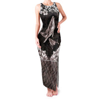 Hawaiian Plumeria and Humpback Whales Family Matching Tank Maxi Dress and Hawaiian Shirt Polynerian Art Tattoo-Grayscale Mode LT03 Mom's Dress Black - Polynesian Pride