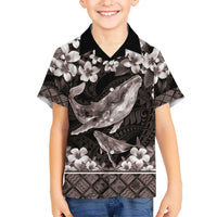 Hawaiian Plumeria and Humpback Whales Hawaiian Shirt Polynerian Art Tattoo-Grayscale Mode