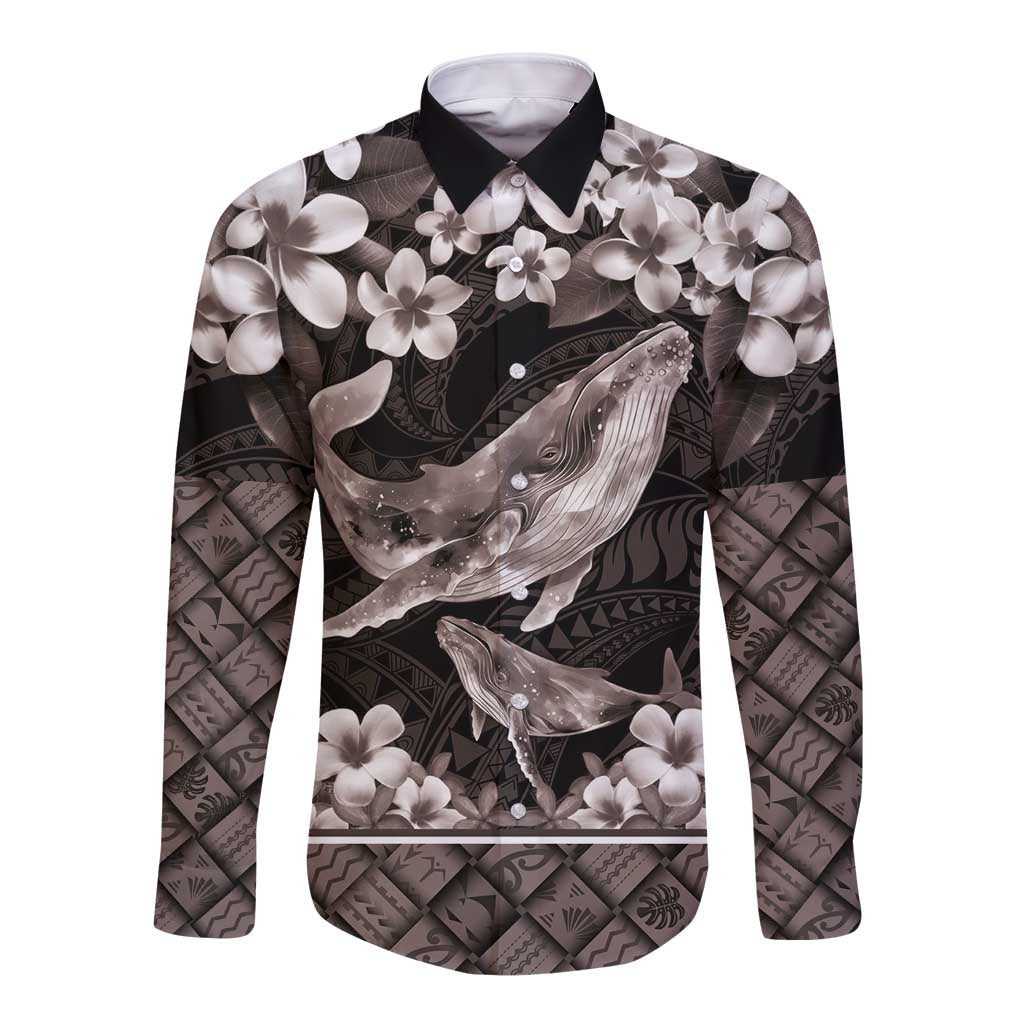Hawaiian Plumeria and Humpback Whales Long Sleeve Button Shirt Polynerian Art Tattoo-Grayscale Mode