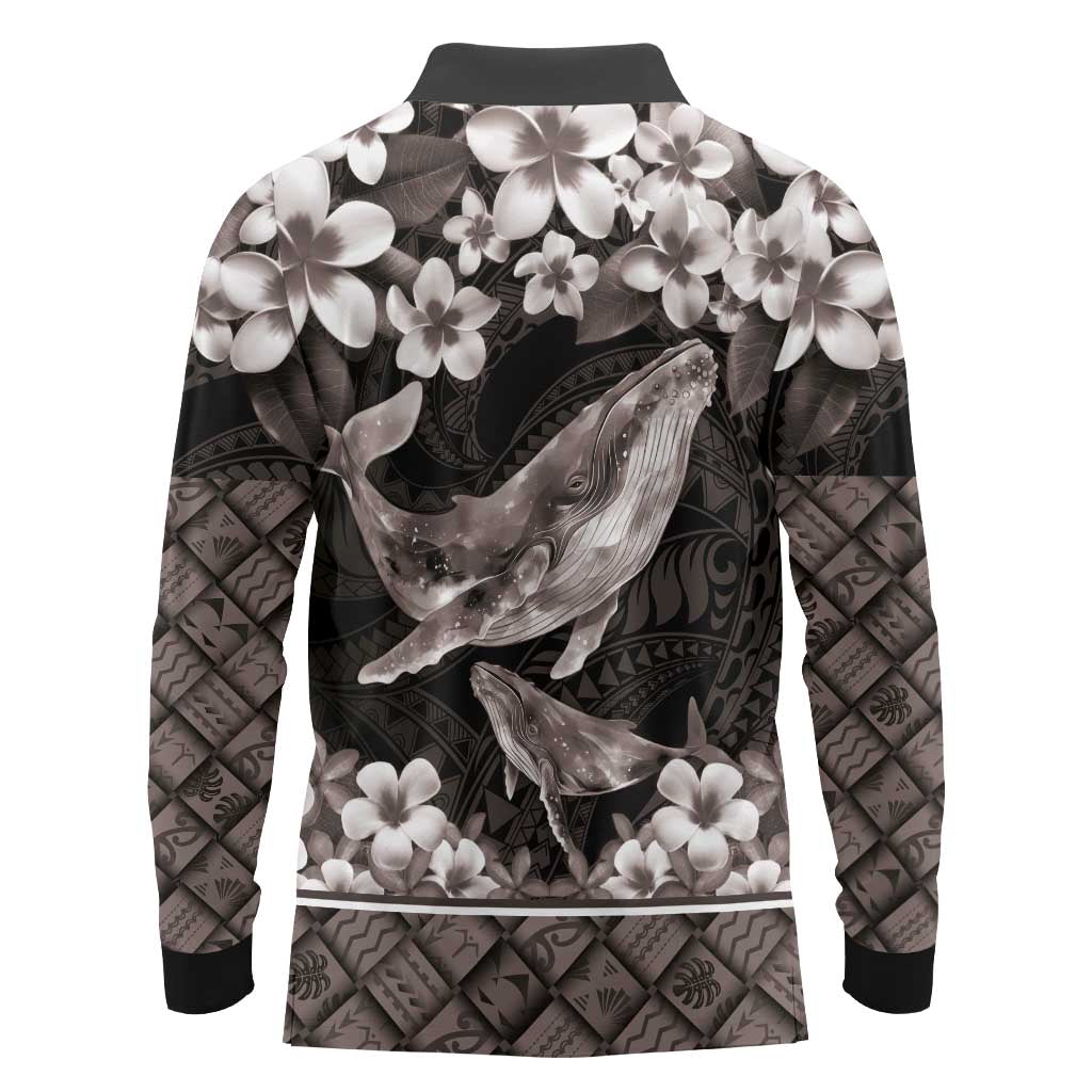 Hawaiian Plumeria and Humpback Whales Long Sleeve Polo Shirt Polynerian Art Tattoo-Grayscale Mode