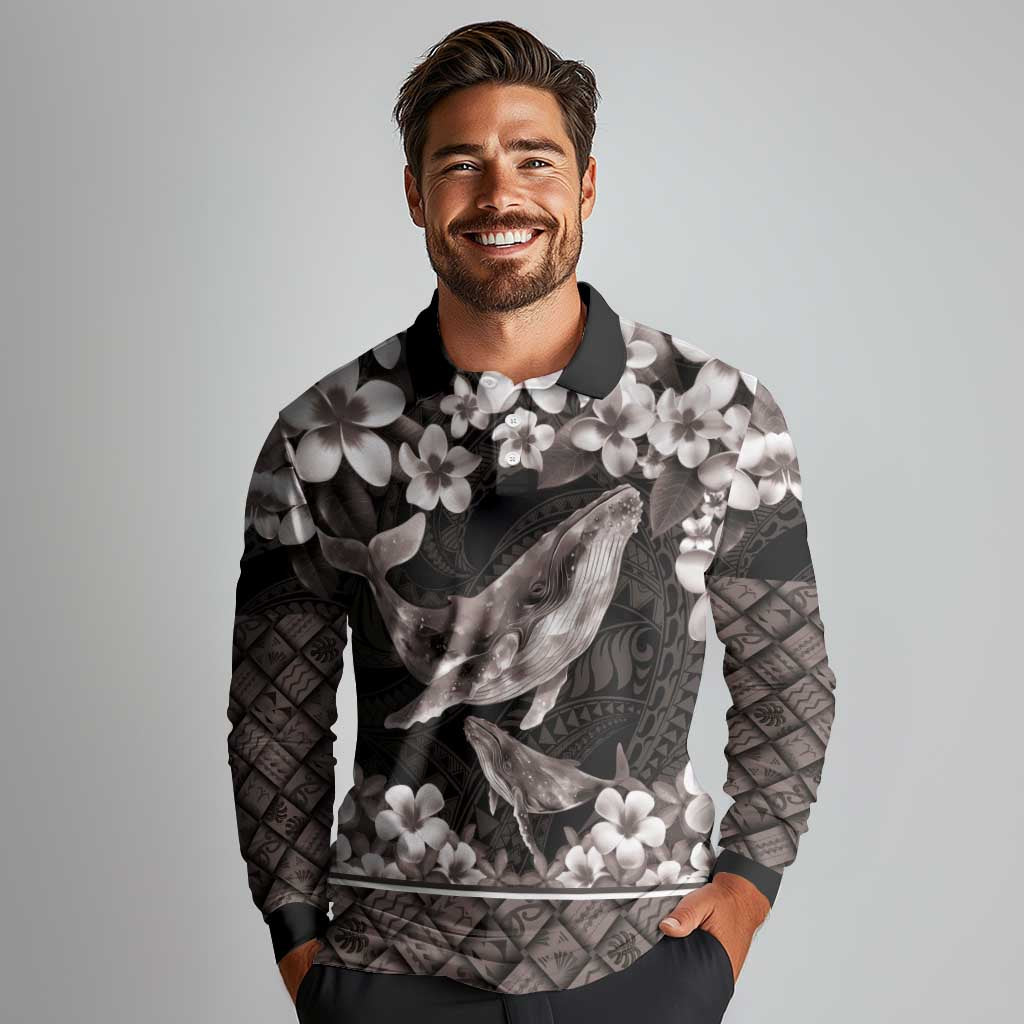 Hawaiian Plumeria and Humpback Whales Long Sleeve Polo Shirt Polynerian Art Tattoo-Grayscale Mode