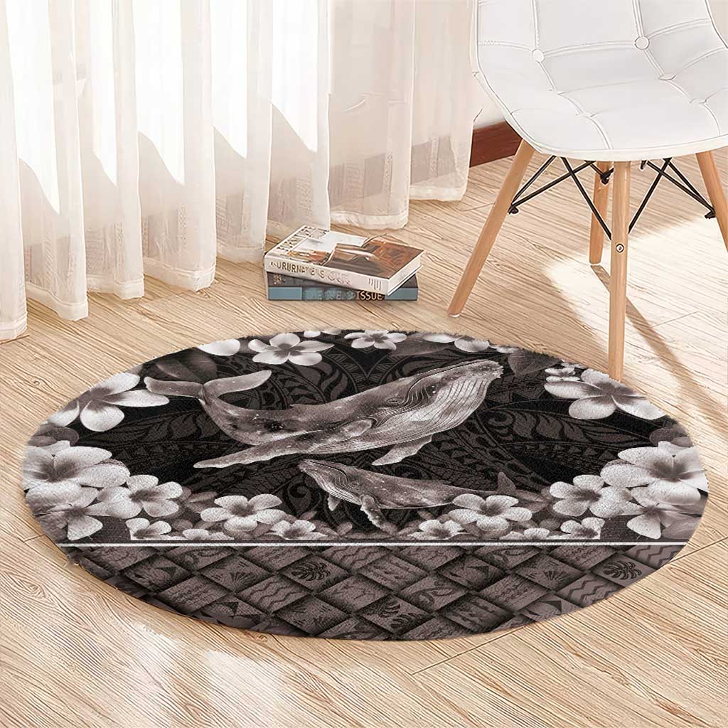 Hawaiian Plumeria and Humpback Whales Round Carpet Polynerian Art Tattoo-Grayscale Mode