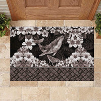 Hawaiian Plumeria and Humpback Whales Rubber Doormat Polynerian Art Tattoo-Grayscale Mode