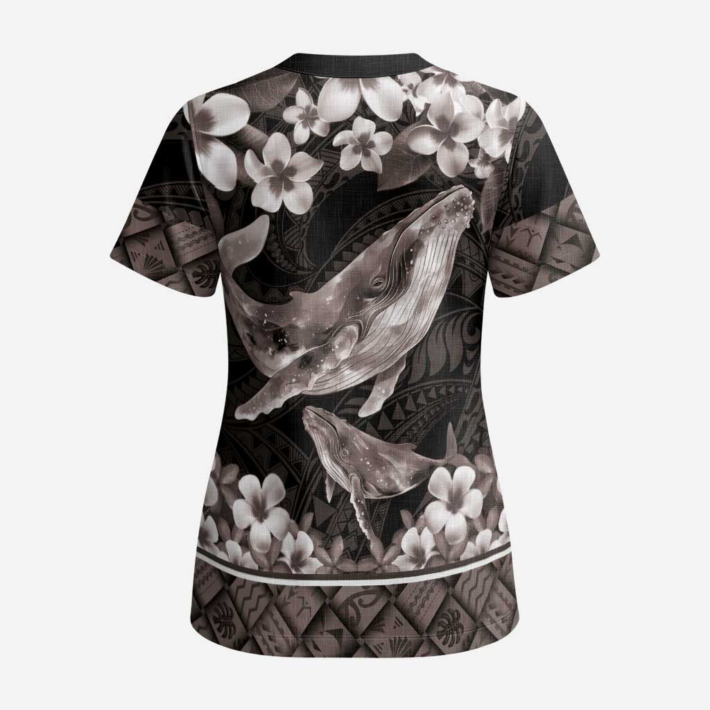 Hawaiian Plumeria and Humpback Whales Scrub Top Polynerian Art Tattoo-Grayscale Mode - Polynesian Pride