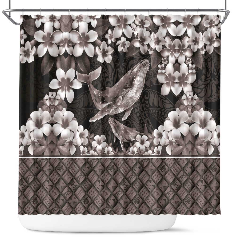 Hawaiian Plumeria and Humpback Whales Shower Curtain Polynerian Art Tattoo-Grayscale Mode LT03 Black - Polynesian Pride