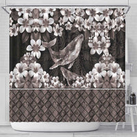 Hawaiian Plumeria and Humpback Whales Shower Curtain Polynerian Art Tattoo-Grayscale Mode LT03 - Polynesian Pride