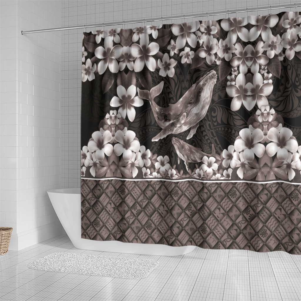 Hawaiian Plumeria and Humpback Whales Shower Curtain Polynerian Art Tattoo-Grayscale Mode LT03 - Polynesian Pride