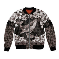 Hawaiian Plumeria and Humpback Whales Sleeve Zip Bomber Jacket Polynerian Art Tattoo-Grayscale Mode LT03 Unisex Black - Polynesian Pride