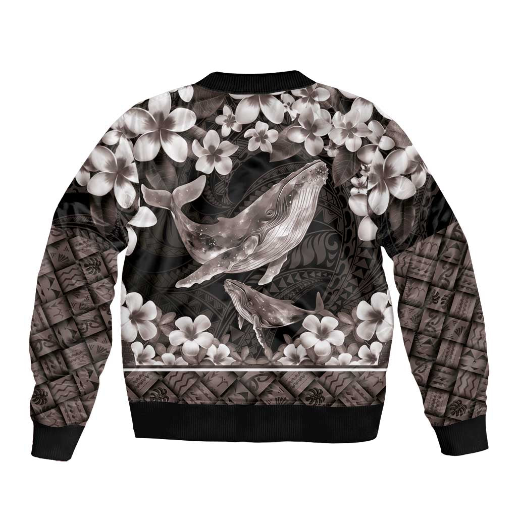 Hawaiian Plumeria and Humpback Whales Sleeve Zip Bomber Jacket Polynerian Art Tattoo-Grayscale Mode LT03 - Polynesian Pride