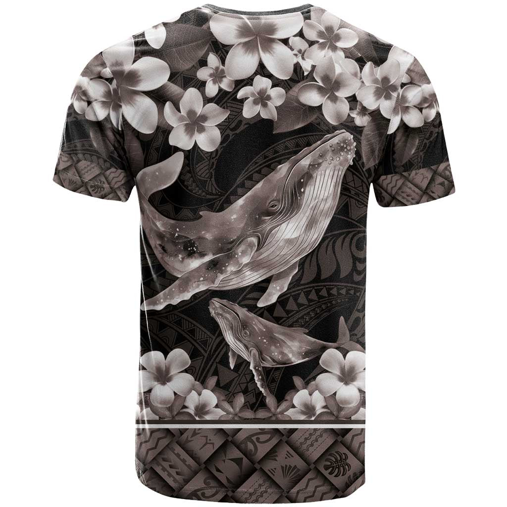 Hawaiian Plumeria and Humpback Whales T Shirt Polynerian Art Tattoo-Grayscale Mode