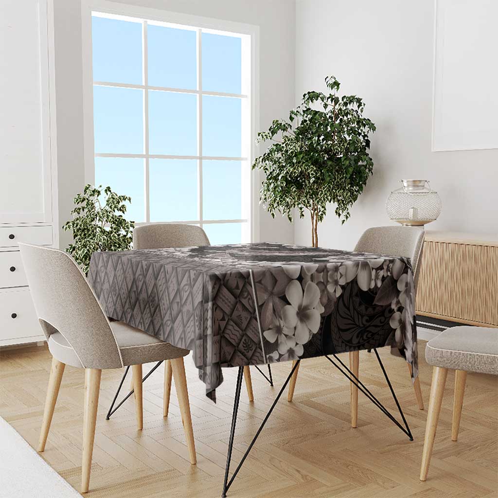 Hawaiian Plumeria and Humpback Whales Tablecloth Polynerian Art Tattoo-Grayscale Mode