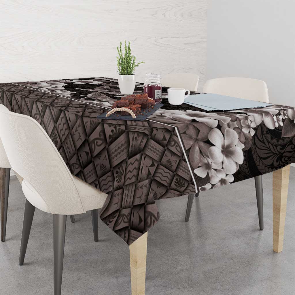 Hawaiian Plumeria and Humpback Whales Tablecloth Polynerian Art Tattoo-Grayscale Mode