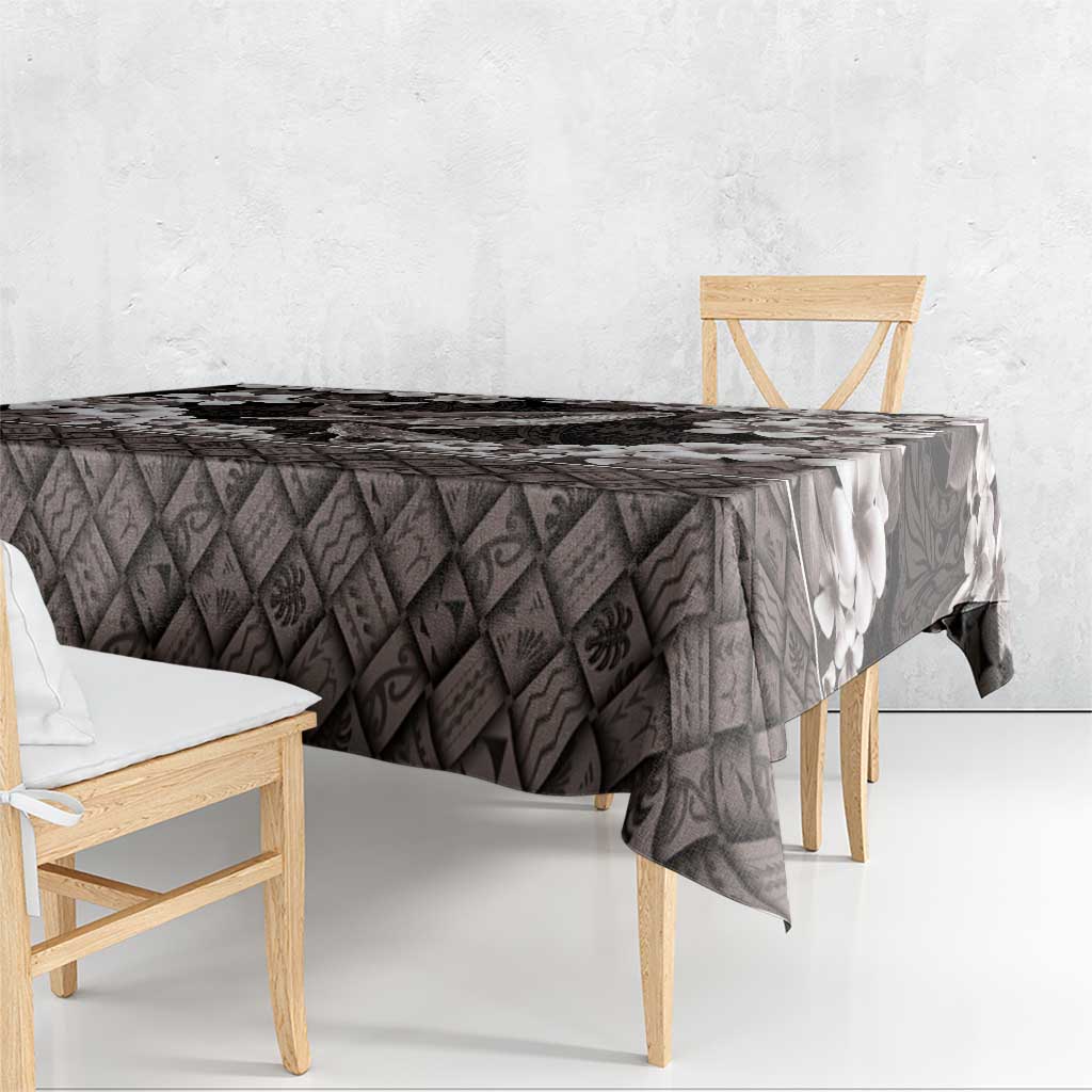 Hawaiian Plumeria and Humpback Whales Tablecloth Polynerian Art Tattoo-Grayscale Mode