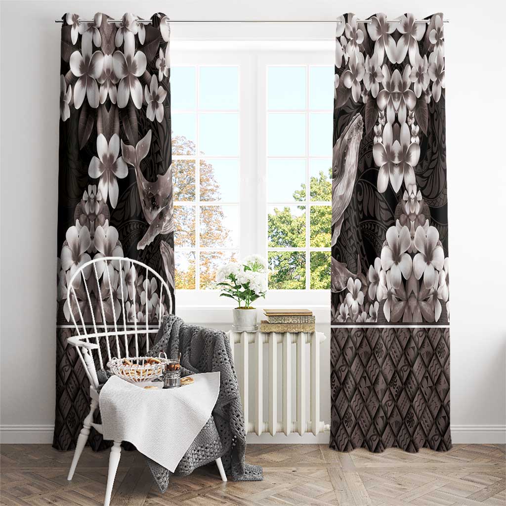 Hawaiian Plumeria and Humpback Whales Window Curtain Polynerian Art Tattoo-Grayscale Mode