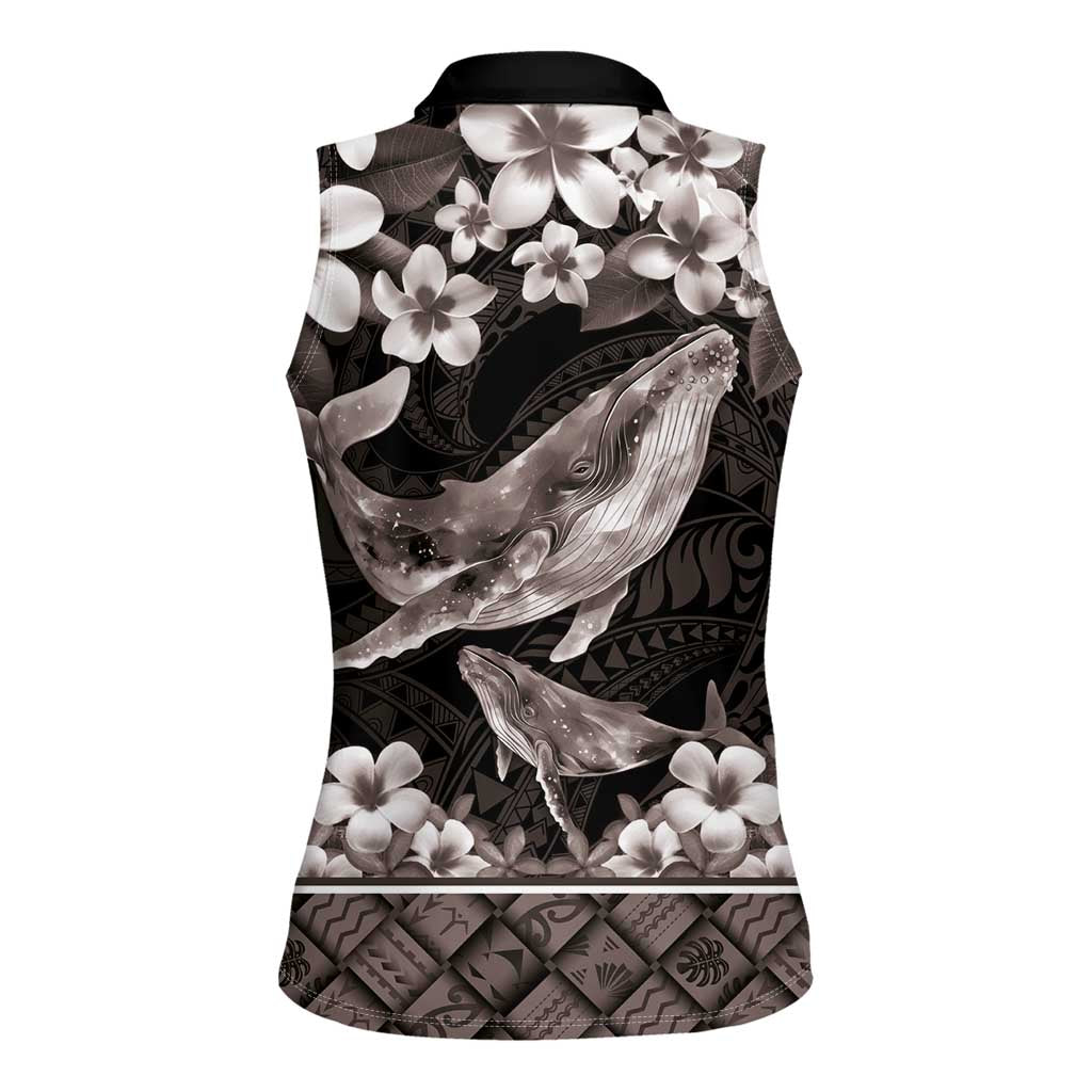 Hawaiian Plumeria and Humpback Whales Women Sleeveless Polo Shirt Polynerian Art Tattoo-Grayscale Mode