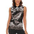 Hawaiian Plumeria and Humpback Whales Women Sleeveless Polo Shirt Polynerian Art Tattoo-Grayscale Mode