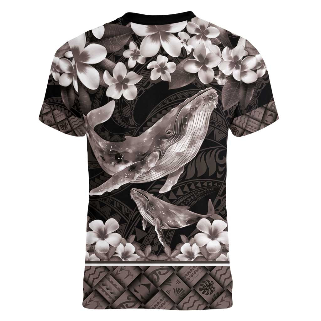 Hawaiian Plumeria and Humpback Whales Women V-Neck T-Shirt Polynerian Art Tattoo-Grayscale Mode