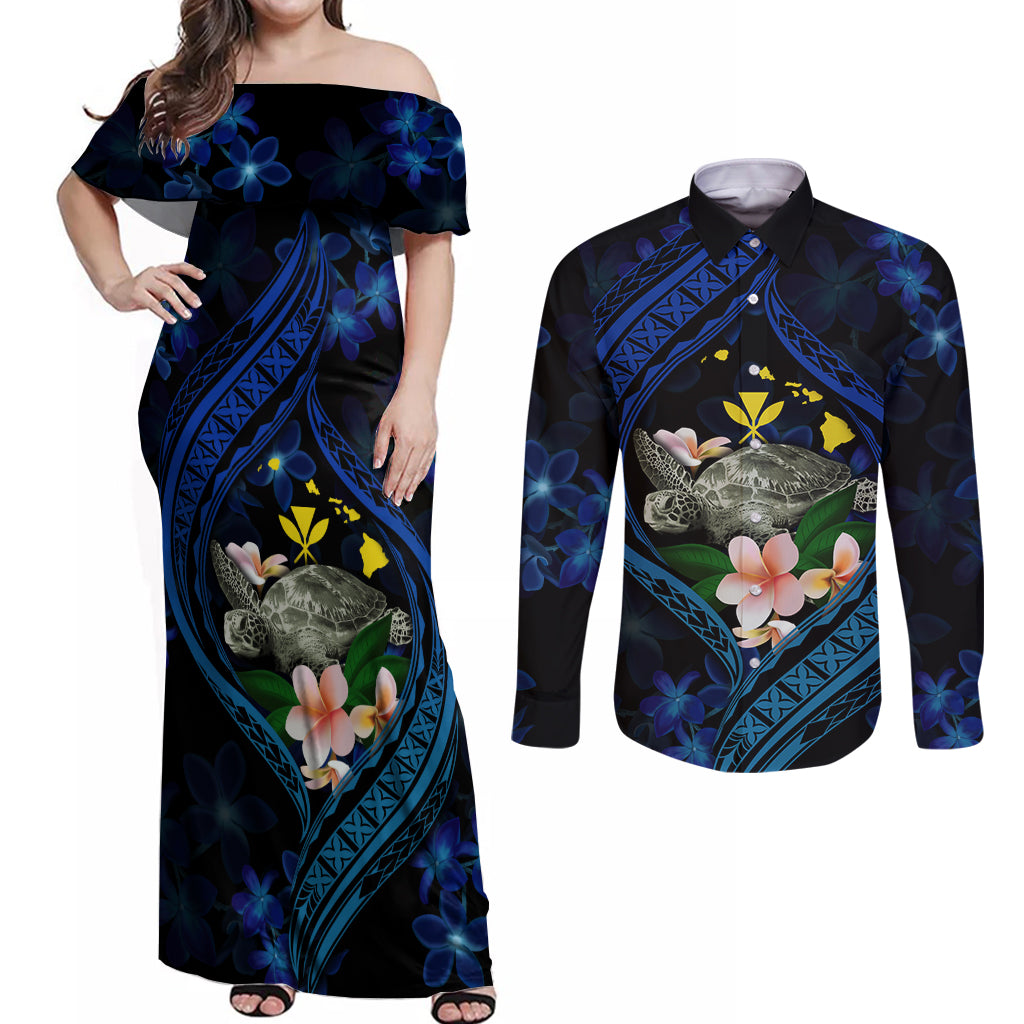 Hawaii Turtle Plumeria Flower Fanciful Couples Matching Off Shoulder Maxi Dress and Long Sleeve Button Shirt