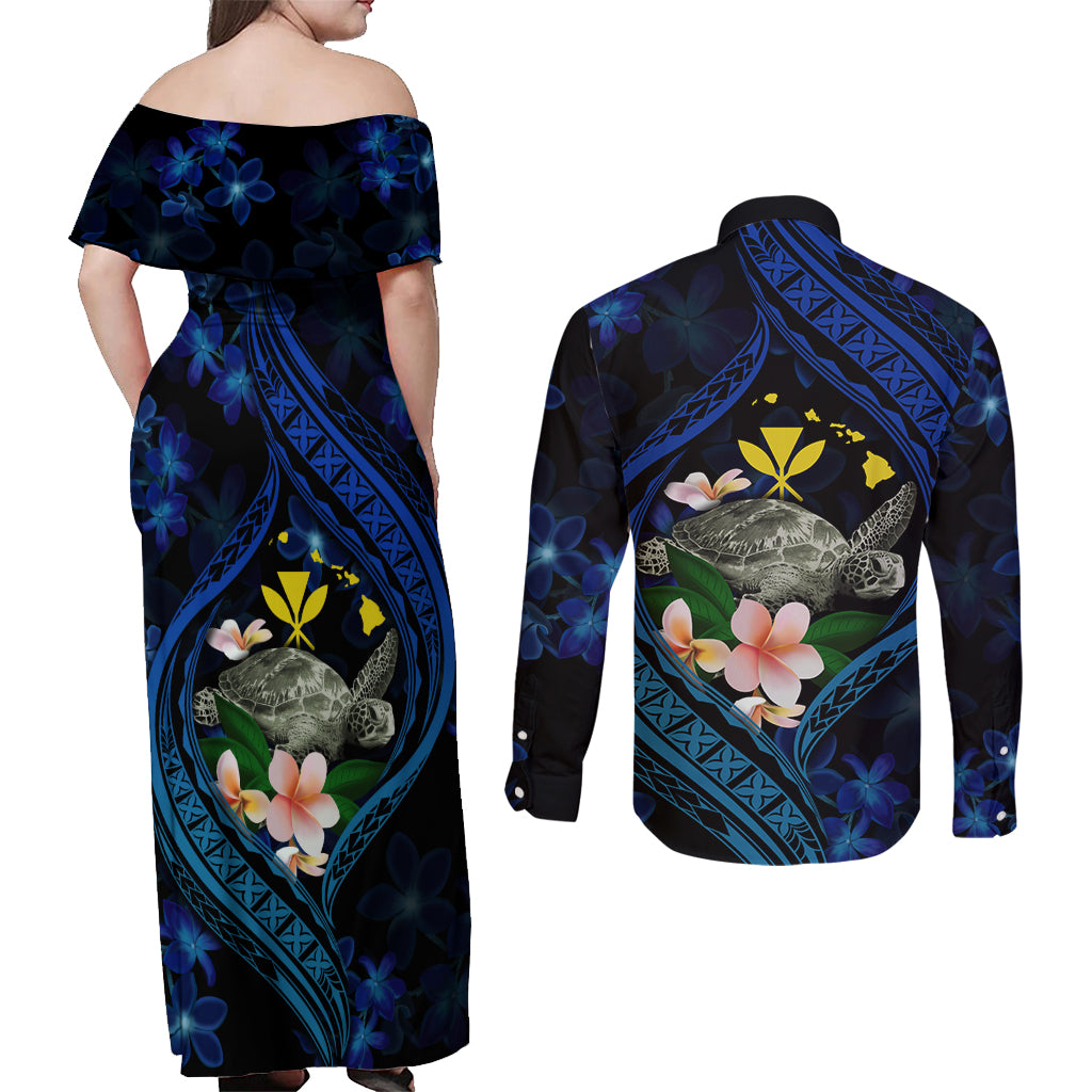 Hawaii Turtle Plumeria Flower Fanciful Couples Matching Off Shoulder Maxi Dress and Long Sleeve Button Shirt