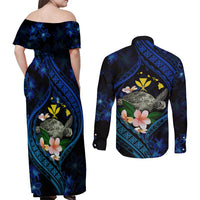 Hawaii Turtle Plumeria Flower Fanciful Couples Matching Off Shoulder Maxi Dress and Long Sleeve Button Shirt