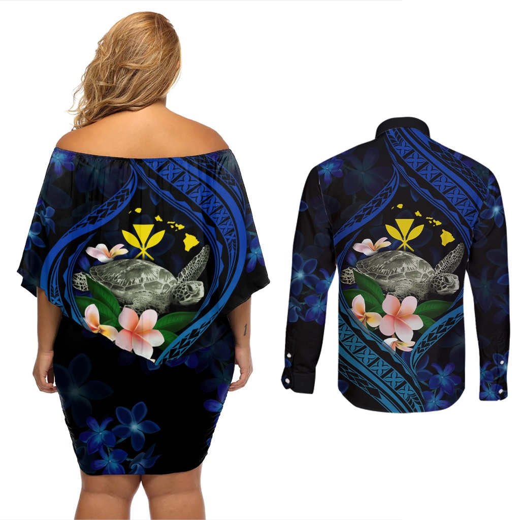 Hawaii Turtle Plumeria Flower Fanciful Couples Matching Off Shoulder Short Dress and Long Sleeve Button Shirt