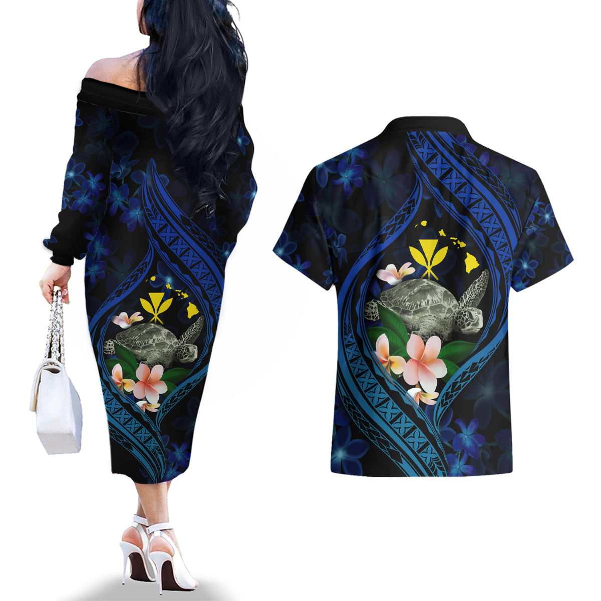 Hawaii Turtle Plumeria Flower Fanciful Couples Matching Off The Shoulder Long Sleeve Dress and Hawaiian Shirt