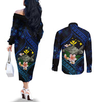 Hawaii Turtle Plumeria Flower Fanciful Couples Matching Off The Shoulder Long Sleeve Dress and Long Sleeve Button Shirt