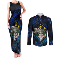 Hawaii Turtle Plumeria Flower Fanciful Couples Matching Tank Maxi Dress and Long Sleeve Button Shirt