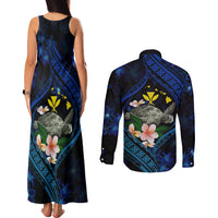 Hawaii Turtle Plumeria Flower Fanciful Couples Matching Tank Maxi Dress and Long Sleeve Button Shirt