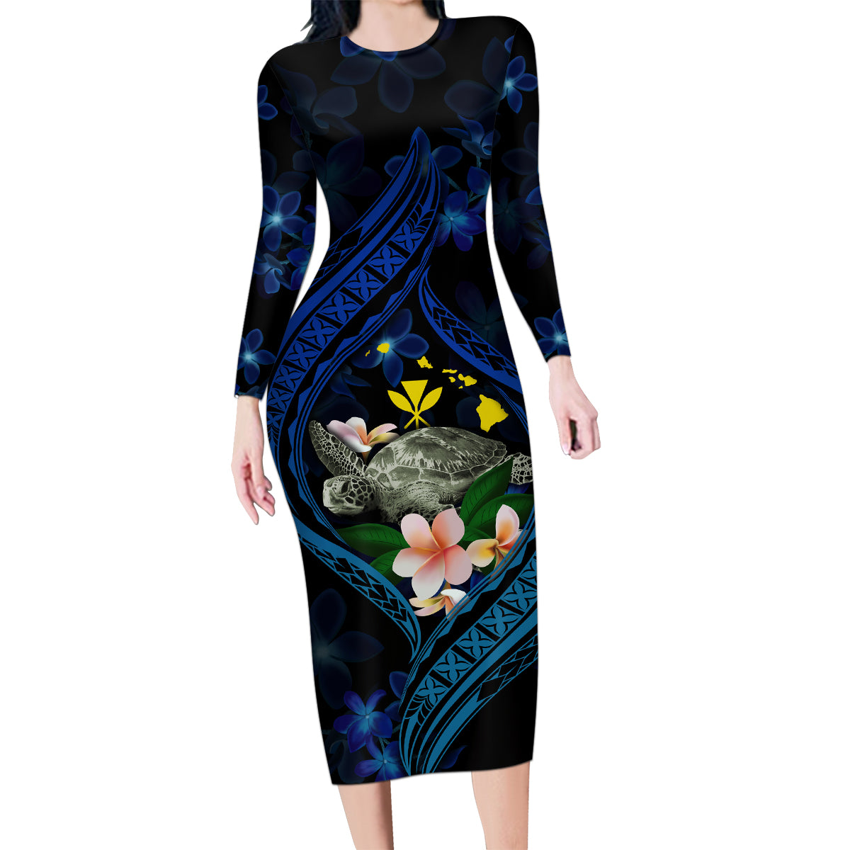 Hawaii Turtle Plumeria Flower Fanciful Family Matching Long Sleeve Bodycon Dress and Hawaiian Shirt LT03 Mom's Dress Black - Polynesian Pride