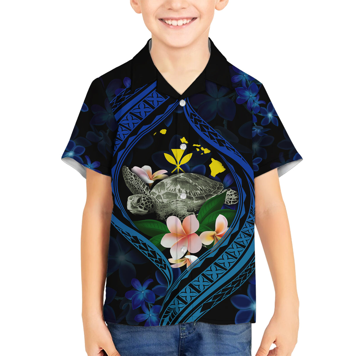 Hawaii Turtle Plumeria Flower Fanciful Family Matching Long Sleeve Bodycon Dress and Hawaiian Shirt LT03 Son's Shirt Black - Polynesian Pride
